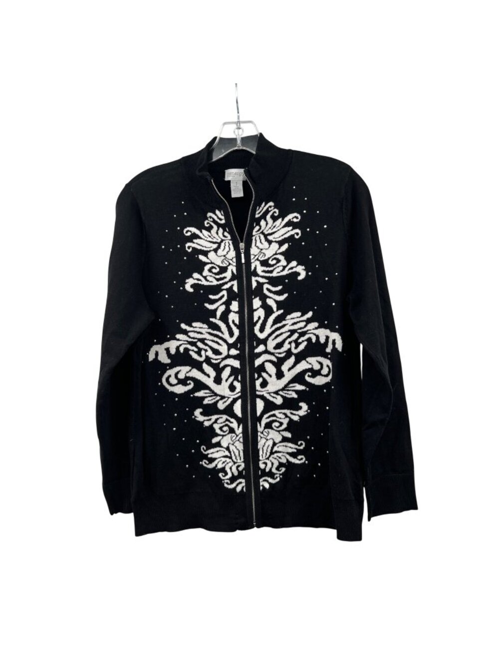Chico's Zenergy Zip Up Cardigan Black/White Embellished Womens Size Medium